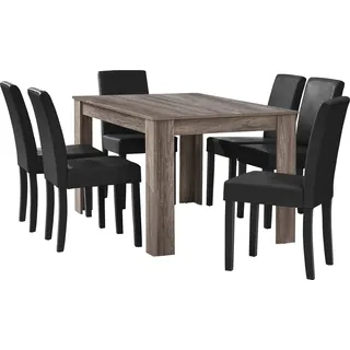 [en.casa] Esstisch Eiche antik mit 6 Stühlen schwarz Kunstleder gepolstert 140x90 Essgruppe Esszimmer - Schwarz