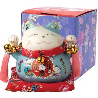 JADE TEMPLE Maneki Neko Winkekatze Blau, Spardose, 14cm, Ø15cm, 1 Set