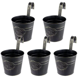 CHUENKUK 5er Set Vintage Metall Blumentopf Hängend, 15x14x11cm Schwarz mit Haken & Drainageloch, Hängetöpfe für Balkon & Garten