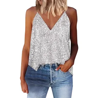 Pailletten Oberteil Damen Ärmellos Top Sexy V-Ausschbitt Glitzer Oberteile Party Tunika Bluse Schimmer Festliche Oberteile Top