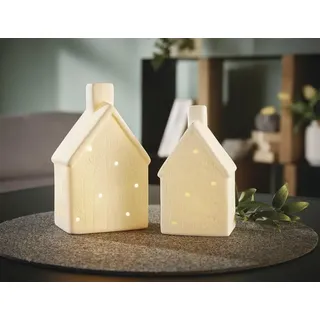 2x Haus "Blumenwiese" aus Porzellan, weiß, mit LED Beleuchtung, Leuchtdeko, Dekohaus - Weiß
