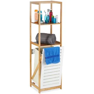 Relaxdays Badregal Natur Weiß Bambus mit Wäschekorb 130 cm , Multicolor , Holzwerkstoff, Kunststoff , 37x130x33 cm , Badezimmer, Badezimmerregale, Badregale