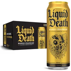 Liquid Death, Mango Chainsaw Sparkling Water, Mango Flavored Sparkling Beverage Sweetened With Real Agave, Low Calorie & Low Sugar, 12-Pack (Tallboy Size 16.9oz Cans)