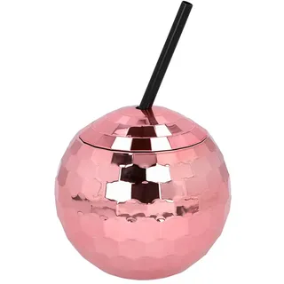 Boland - Discokugel Becher mit Strohhalm, 600 ml, Trinkbecher für Party oder Gartenfeier, Partybecher mit Trinkhalm wiederverwendbar, Plastikbecher, Partygeschirr, Rosegold