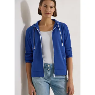 Kapuzensweatjacke CECIL, Damen, Gr. L (42), blau (deep river blau), Sweatware, Obermaterial: 58% Baumwolle, 39% Polyester, 3% Elasthan. Futter: 100% Baumwolle, unifarben, lässig geschnitten hüftbedeckend, Rundhals, Bündchen, Sweatjacken Kapuzensweatjacke, mit Struktur und seitlichen Taschen mit Knopf