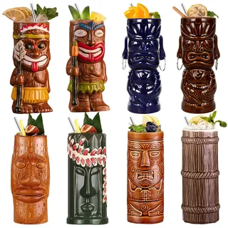USEEKRIL Cocktail-Tiki-Becher, 8er-Set – exotischer Tiki-Gläser mit 8 Strohhalmen, süße Cocktailgläser aus Keramik für Partys im Hawaii-Stil