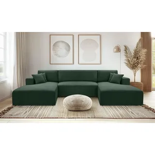 AX LIVING Grün Sofa U Form mit Schlaffunktion – Catea U Cord Wohnlandschaft 364cm - Grün