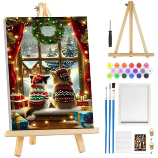 MOGTAA Weihnachten Katze Malen Nach Zahlen Erwachsene mit Rahmen, Winter Malen Nach Zahlen Mit Holzstaffelei, DIY Ölgemälde Leinwand Set Acrylic Malerei Bilder für Home Dekor, 20x30cm