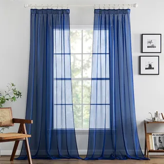 MIULEE Voile Gardine transparent Kräuselband 2er Set B140 H260 Dunkelblau