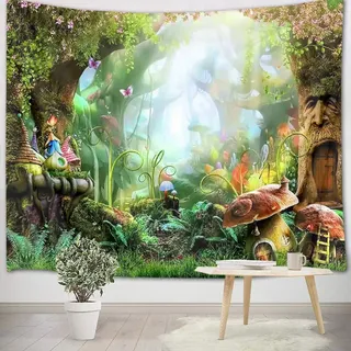 LB Grüner Wald Wandteppich 235x180cm Wunderland-Pilz,Baum,Märchen Wandbehang Tapisserie für Wohnzimmer Schlafzimmer Wohnheim Wand Dekor,Party Hintergrund
