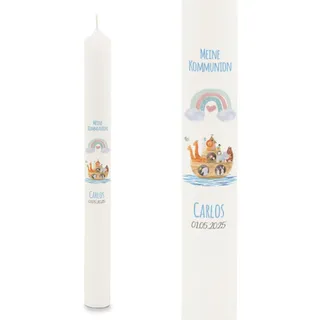 GRAVURZEILE Bedruckte Stabkerze - Arche Regenbogen - Personalisiert mit Name & Datum - Geschenk zur Taufe, Kommunion oder Konfirmation - Für Jungen & Mädchen - Altarkerze 400/40 mm - Farbe: Blau