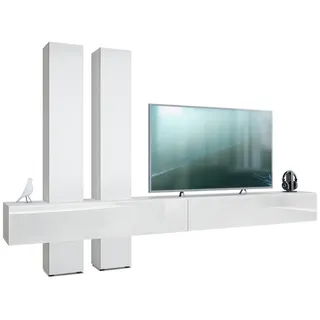 Vladon Wohnwand Moja Türen in Weiß matt , Holzwerkstoff , 330x204x39 cm , Wohnzimmer, Wohnwände