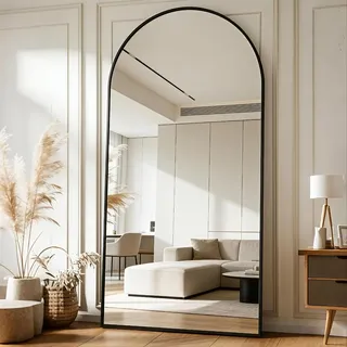 KOCUUY Bogen Standspiegel, 192 x 85 cm Großer Gewölbter Ganzkörperspiegel, Groß Wandspiegel mit Schwarz Aluminium Rahmen, Hängend, Stehend, Kippbar, für Wohnzimmer, Schlafzimmer und Flure