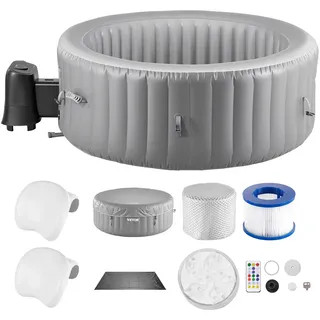 VEVOR aufblasbare Badewanne für 4 bis 6 Personen (208 x 66 cm), rund & tragbar, mit 130 wohltuenden Düsen & Kopfstütze & LED-Licht & Abdeckung & multifunktionalem Bedienfeld, PVC Spa-Pool Outdoor