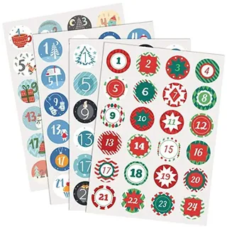 Naler 4 x 24 Adventskalender Zahlen Aufkleber von 1-24 Sticker Rund für Weihnachten zum Basteln und Verzieren, 4 cm