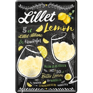 WOGEKA ART Retro Blechschild - LILLET Lemon - Cocktail Rezept als Geschenk-Idee zum Geburtstag Weihnachten zur Deko für Haus-Bar Pub Kneipe 20x30 cm Vintage-Design Metall 202