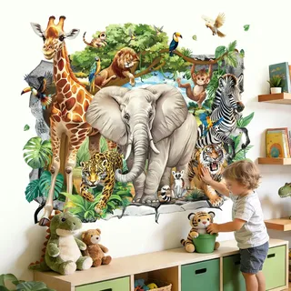 decalmile Wandsticker 3D Safari Tiere Wandtattoo Dschungel Tiere Elefant Giraffe Tiger Wandaufkleber Junge Babyzimmer kinderzimmer Wanddeko