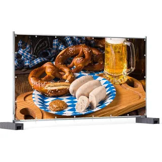 Wallario XXL Outdoor-Poster für Garten oder Balkon, Motiv Bayerische Brotzeit mit Weißwurst, Brezel und Bier, in ca. 340 x 173 cm - Braun