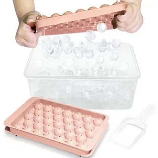 Unyqoos® Eisball-Form Set – 2x Formen + Mini-Schaufel, 33 runde Eisbällchen pro Form (300 ml), lebensmittelechter BPA‐freier Kunststoff, Aufbewahrungsbox bis 200 Eiswürfel, für Cocktails & Getränke - Rosa