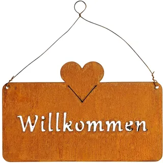 Schild Willkommen 25x16cm Außen Garten-Deko Rost Herz Eisen Türschild Wandbild