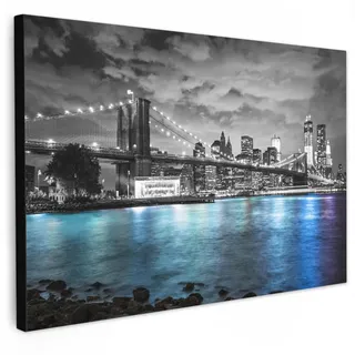 MuchoWow Leinwandbild New York - Skyline - Stadt - Blau Groß 140x90 cm , Blaugrau , Textil , Kiefer , Rechteckig , 140x90 cm , FSC 100% , gerahmt , Bilder & Rahmen, Bilder, Leinwandbilder