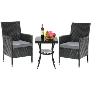 Clevich Balkonmöbel Set 3tlg-Strapazierfähige Polyrattan Terrassenmöbel 2 Personen, Rattan Gartenmöbel Set Klein mit Gartentisch und 2 Stühlen für Kleiner Balkon, Terrasse und Draußen (Schwarz)