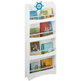 Relaxdays Bücherregal Kinder, HBT 124 x 50,5 x 15 cm, 4 Fächer, MDF, maritimes Kinderbücherregal, Kinderregal, weiß/blau