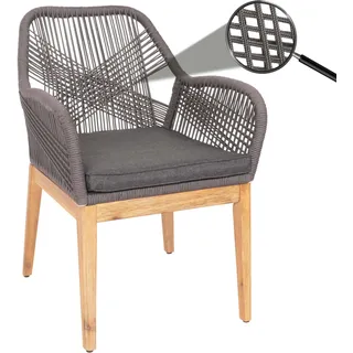 Gartenstuhl HWC-H56b, Sessel Outdoor Stuhl, wetterfest Seilgeflecht Rope Holz Akazie grau Kissen anthrazit - Grau