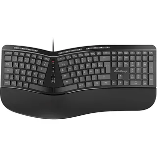 MediaRange Ergonomische Tastatur, kabelgebundene Multimedia-Tastatur mit 124 Tasten und Scroll-Rad, deutsches QWERTZ Layout, spritzwassergeschützt & höhenverstellbar, Farbe schwarz