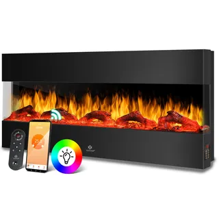 KESSER® Wandkamin Elektrokamin 3D Elektrischer Kamin mit Heizung 9 Farbmodi LED Flammeneffekt, 900/1800 W Kaminofen Wand und Einbaukamin Wandmontage Heizung App-Funktion Fernbedienung - Schwarz