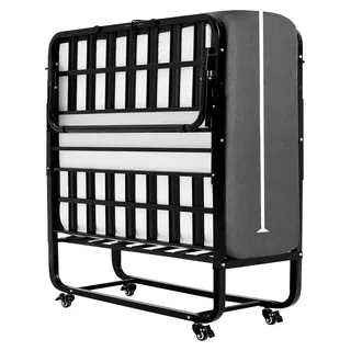 Klappbett 90x200 cm für Erwachsene mit ca. 13 cm Matratze aus Memory-Schaum, klappbar, Metallrahmen, mit Rollen, faltbares Metallbett, stabil bis 200 kg