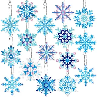 AUGSUN Diamond Painting Schlüsselanhänger, 16 Stück Schneeflocken Diamond Painting Anhänger DIY Diamant Painting Schneeflocken für Weihnachten Winter Deko