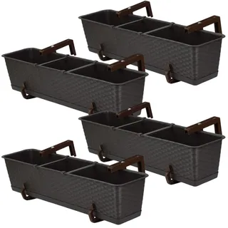 Blumenkasten Balkon Set 4 X 69 cm x 17 cm | Pflanzkasten wetterfest mit Untersetzer und Halterung | Balkonkasten in Rattanoptik für die stilvolle Bepflanzung von Terrasse und Balkon | Umbra