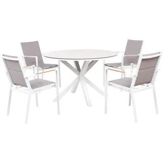 BELIANI Gartenmöbel Set 5-teilig Weiß u. Taupe Aluminium Tisch  120 cm Rund Keramikplatte mit 4 Stühlen Bespannt Grau Stapelbar Terrasse Außenbereich - Weiß, Grau, Beige, Braun