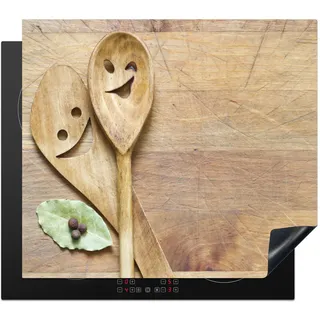 KitchenYeah© Herdabdeckplatte Einteilig Küche Herdabdeckung Induktionsfeld | 57x51 cm - Glaskeramikkochfeld Herdabdeckplatten Vinyl Matte Aufrollbar Holz - Löffel - Braun - Smiley