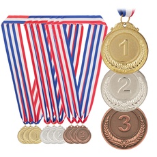 Relaxdays Medaille Kinder 12er Set, Ø 5 cm, 1.2.3. Platz, Band, Fußball, Siegermedaille, Metall, gold, silber, bronze