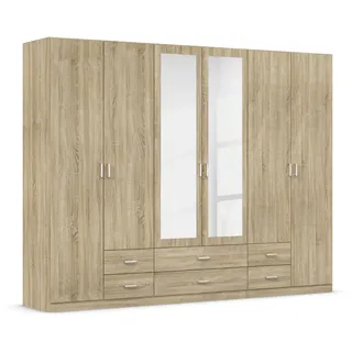 Rauch Möbel Gamma, Kleiderschrank für Schlafzimmer, Wohnzimmer, Kinderzimmer, Flur, Garderobe, 6-türig, mit Spiegel und 6 Schubladen, Farbe Eiche Sonoma, Holz, Breite 271 cm