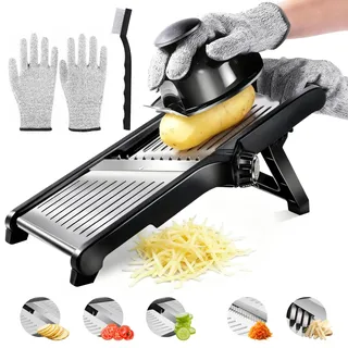 Zencantorous Mandoline Gemüsehobel, Gemüsehobel Mandoline Edelstahl, Gurkenhobel Dünne Scheiben, Multifunktion Gemüseschneider Verstellbar, Küchenhobel Küchenreibe mit Schnittschutz Handschuhen