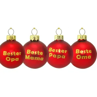 MC-Trend Set: 4 personalisierte Weihnachtskugeln aus Glas – Mama, Papa, Oma & Opa. Rote, Matte Kugeln mit edler Goldener Schrift – perfekt für die Familie