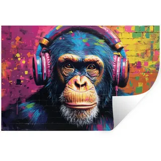 MuchoWow Wandtattoo Graffiti - Schimpanse - Straßenkunst - Kopfhörer - Affe 120x80 cm , Blau , Kunststoff , 120x80x0.1 cm , Tapeten & Wandverkleidungen, Wandtattoos & Sticker