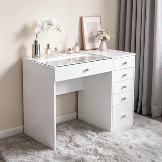 VANITII Schminktisch mit Glasplatte und LED-Beleuchtung, Schminktisch für Schlafzimmer, 6 Schubladen, 92×55×81 cm, Weiß - Weiß