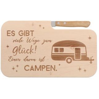 Spruchreif | Holz- Brotzeitbrett mit Messer „Es gibt viele Wege zum Glück...“ | Geschenkidee für Camper & Outdoor-Fans | Perfekt für Frühstück, Brotzeit & Camping