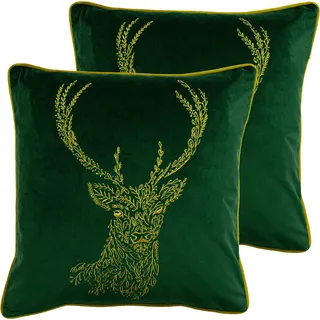 furn. Eingereif. Waldfauna-Hirsch-Polyester-gefüllte Kissen (Twin Pack), Polyester, Smaragd/Gold