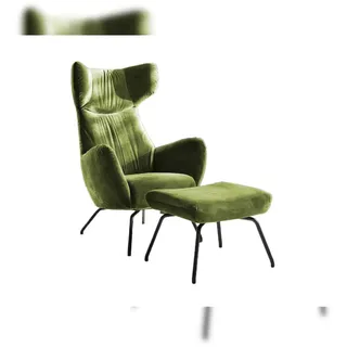 KAWOLA Sessel LOTTE Ohrensessel velvet olivgrün mit Hocker