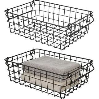 CHUIFAI 2 Stück Drahtkorb Schwarz 37x26x12cm, Metallkorb Eckig Draht Aufbewahrungskorb, Gitterkorb Offenes Design für Küche, Bad, Büro