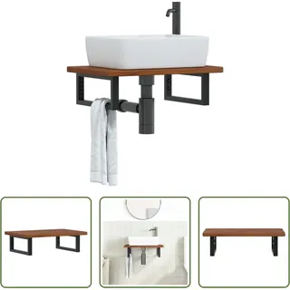 The Living Store Waschtischplatte mit Halterung Stahl und Massivholz Eiche - Braun