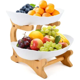 DODUOS Etagere 2 Etagen, Obstschale 2 Stöckig Aus Kunststoff, Weißer Obstkorb Mit Natürlichem Bambus Ständer - Servierteller Für Obst, Kuchen, Süßigkeiten