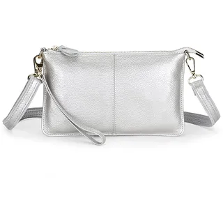 SODOLLEE Geldbörse Damen Handy Umhängetasche Echte Leder Handytasche Frauen Kleine Schultertasche Clutch Portemonnaie für Dating Einkaufen Silber