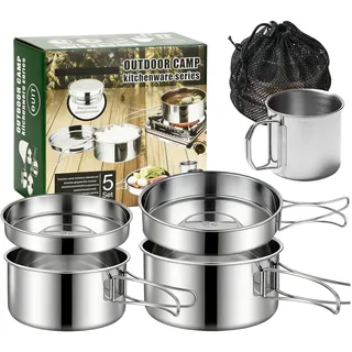 Camping Kochgeschirr Set, 5-teiliges Edelstahl Camping Kochset, Camping Kochtopf, Kochgeschirr Kochset mit Deckel und Griff, Faltbar Und Stapelbar, Outdoor Camping Topf für Wandern Picknick,Reisen