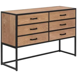 P & B Kommode , Naturfarben, Schwarz , Metall , Tanne , furniert , 6 Schubladen , 120x80x38 cm , Holzmöbel, Kommoden Holz, Sideboards Holz